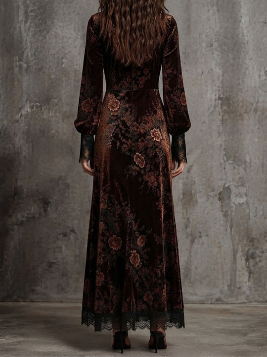 Vintage Velvet Floral Lace V Neck Puff Sleeve Evening Dress