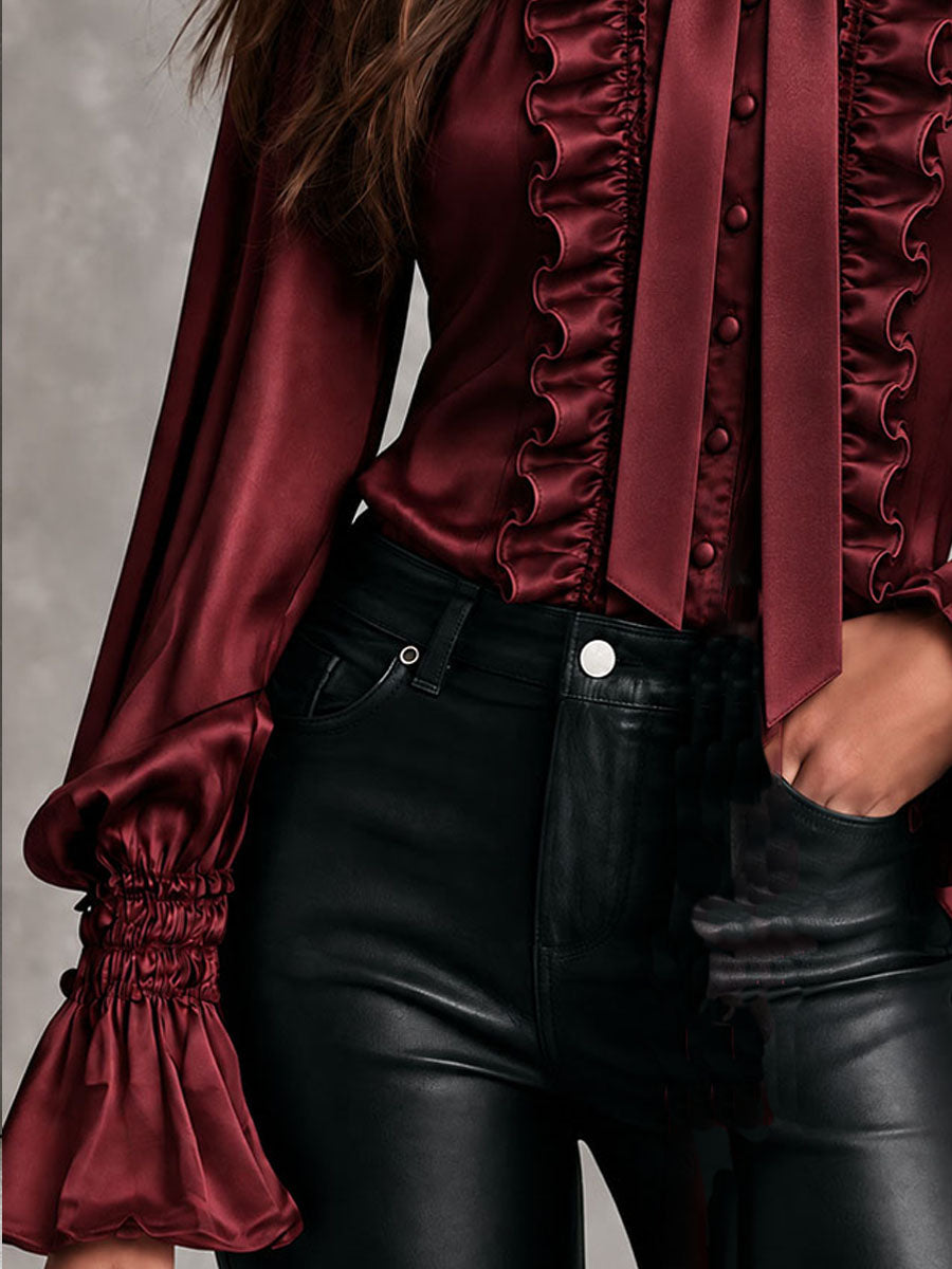 Women's Satin Bow Tie Neck Ruffle Trim Blouse with Bishop Sleeves