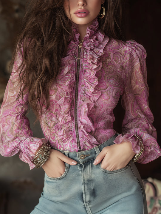 Bohemian Paisley Print Blouse With Ruffled Placket And Front Zipper
