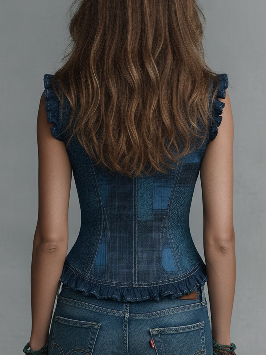 Retro Plaid Print Ruffle-Trim Front-Zip Vest