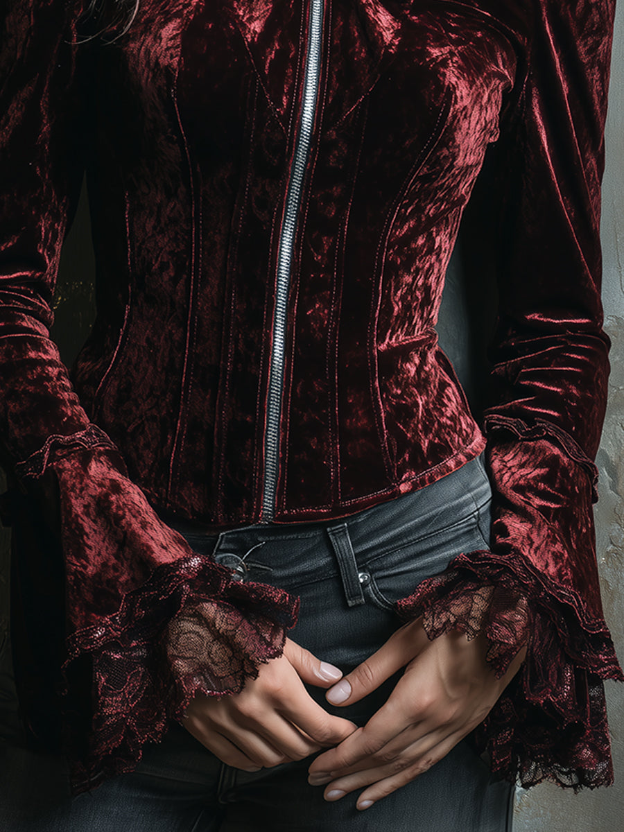 Quiet Luxury Velvet Lace Patchwork Bell Sleeves Blouse