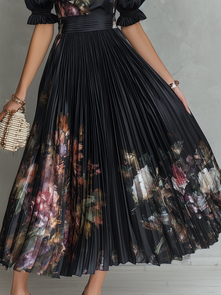 Retro Floral Print Keyhole Collar Pleated Satin Maxi Dress