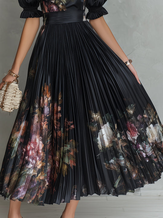 Retro Floral Print Keyhole Collar Pleated Satin Maxi Dress