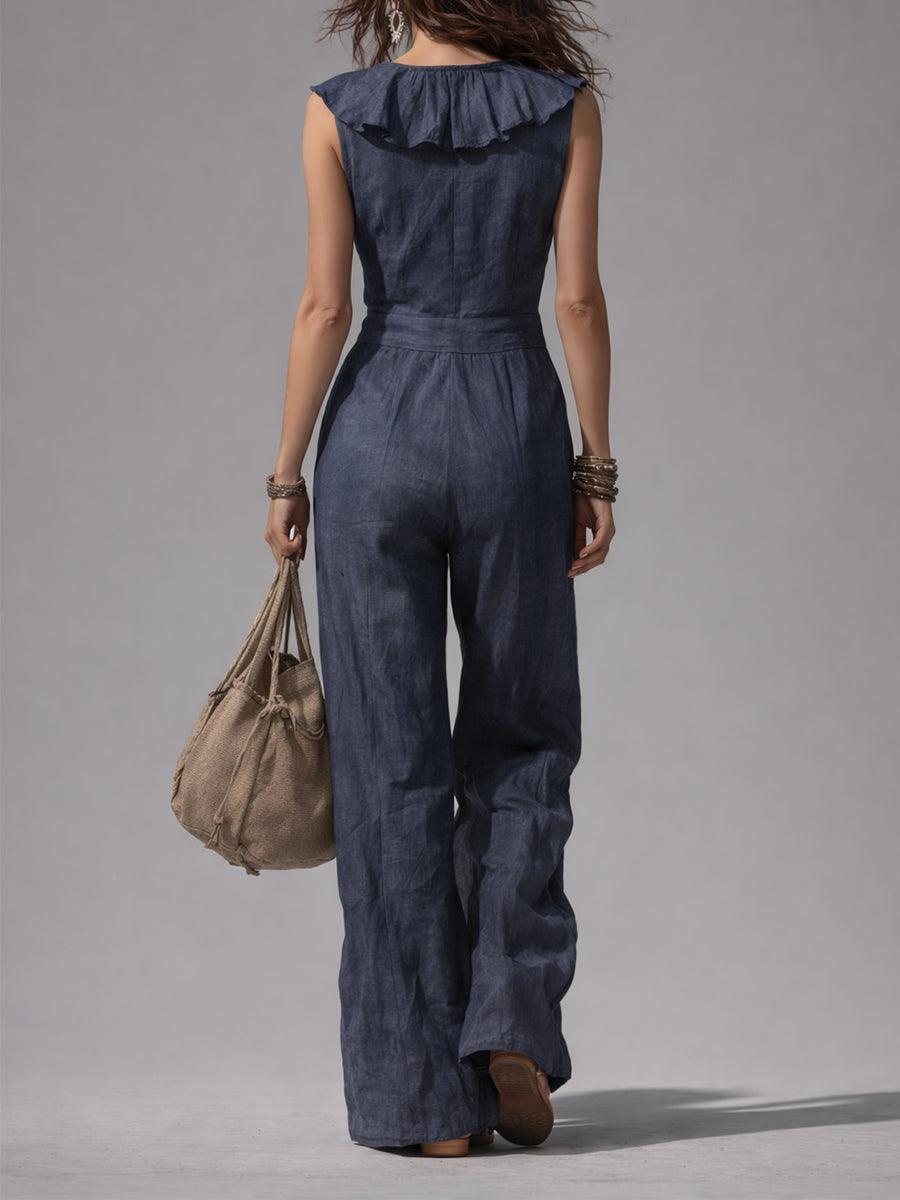 Vintage Cotton Sleeveless Straight-leg Jumpsuit With Ruffle Trim