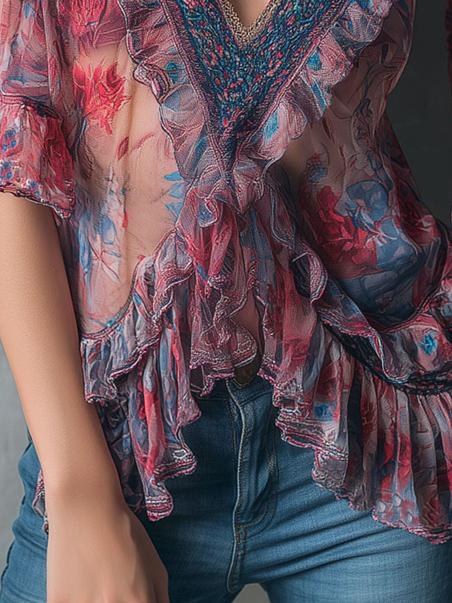 Boho Romantic V-Neck Sheer Floral Print Ruffle Blouse