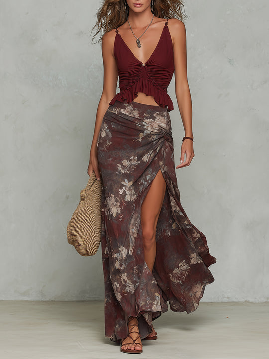 Boho Ruffled Vest & Oil-Painting Floral High-Slit Skirt Set