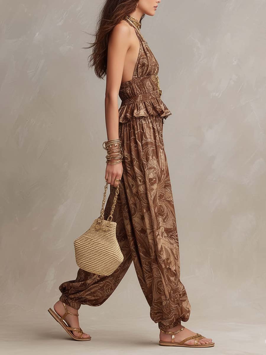 Bohemian Baroque Print Halter Top & Harem Pants Two-Piece Set