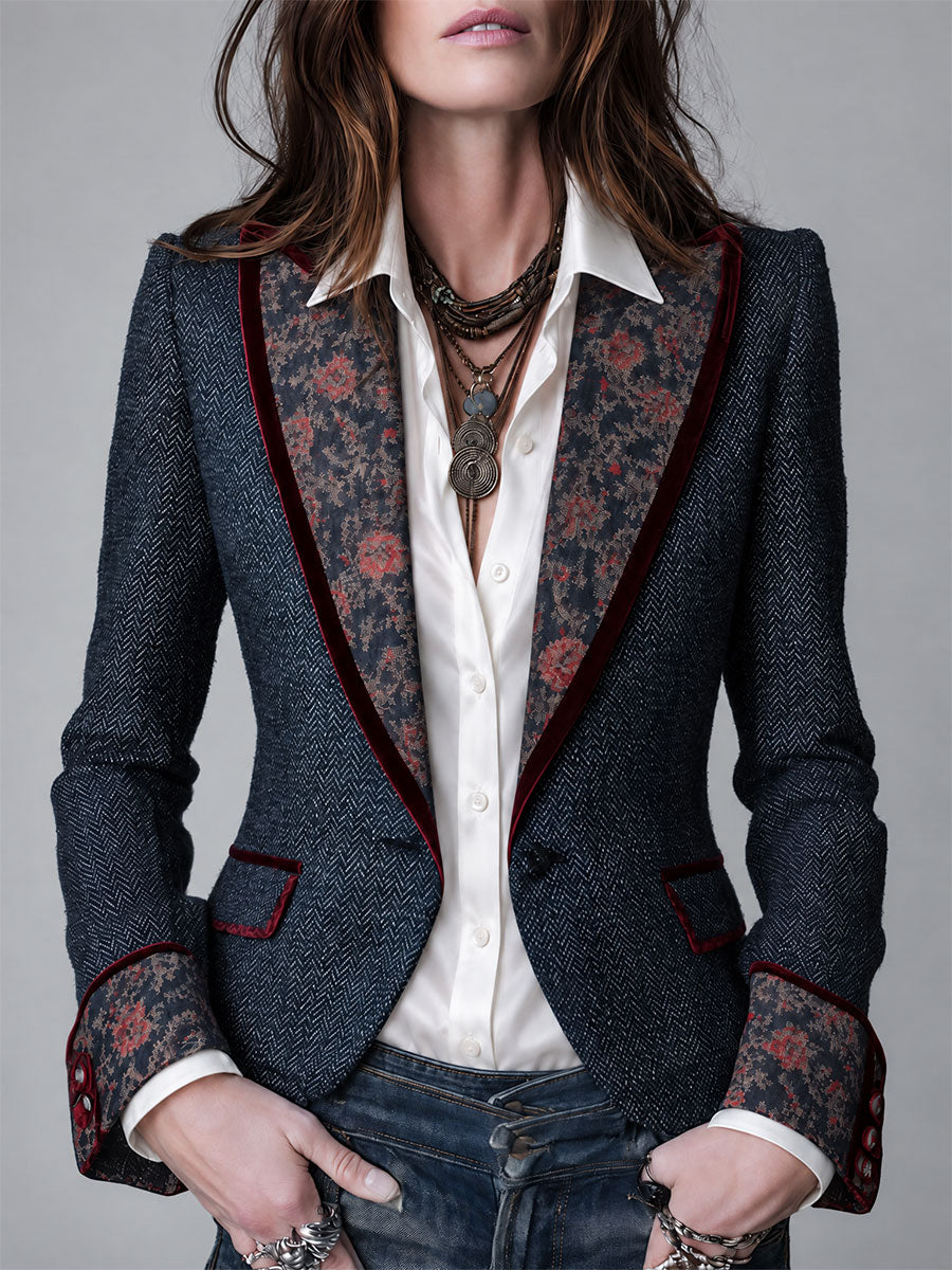 Retro Herringbone Tweed Blazer with Floral Velvet-Trim Lapel