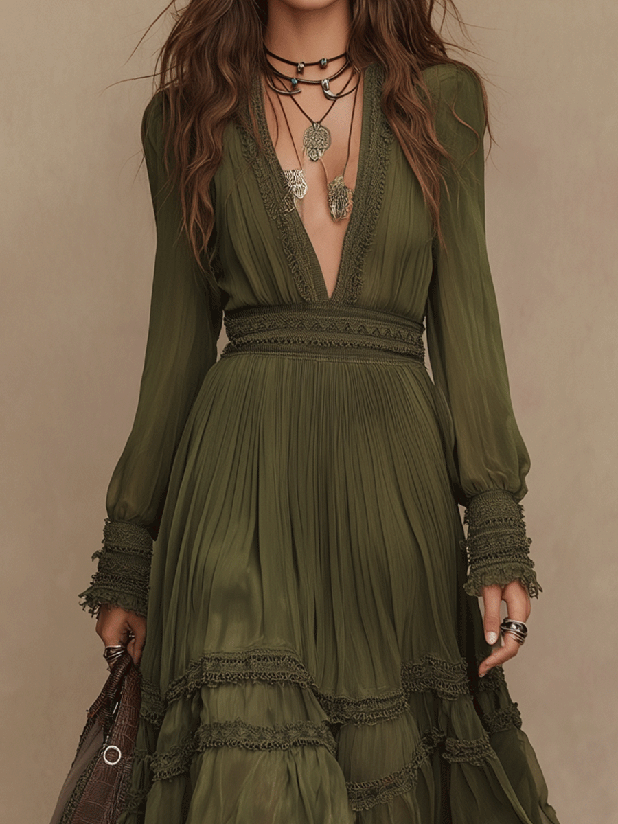 Bohemian Olive Pleated Flowing Tiers Maxi Dress