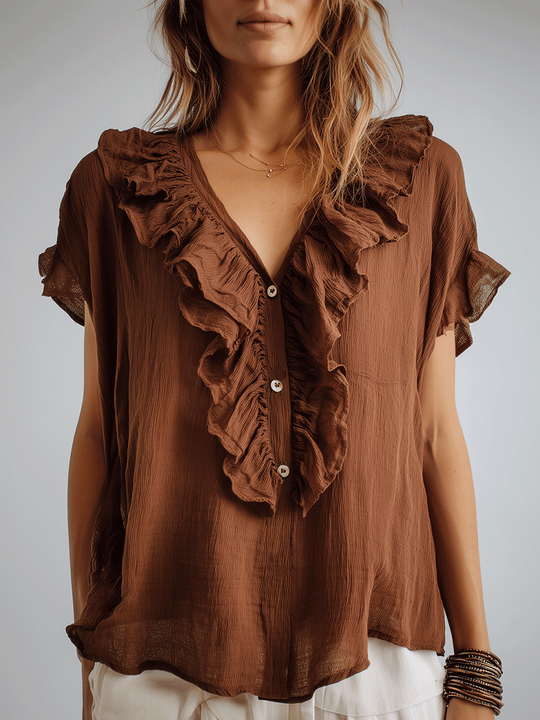 Vintage Brown Ruffled V-Neck Boho Blouse