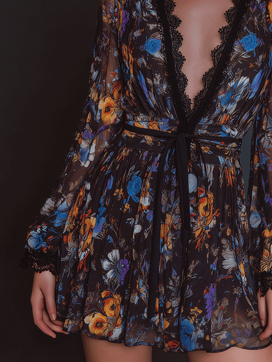 Boho Sheer Romance Midnight Floral Mini Dress