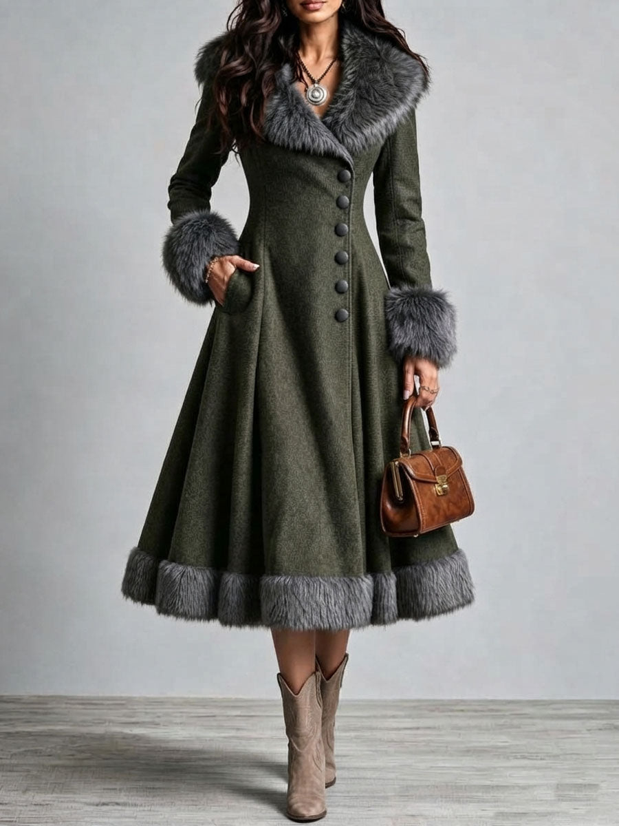 Boho Western Fur Trim Wool Fitted Waist Flare Skirt Long Dress Coat