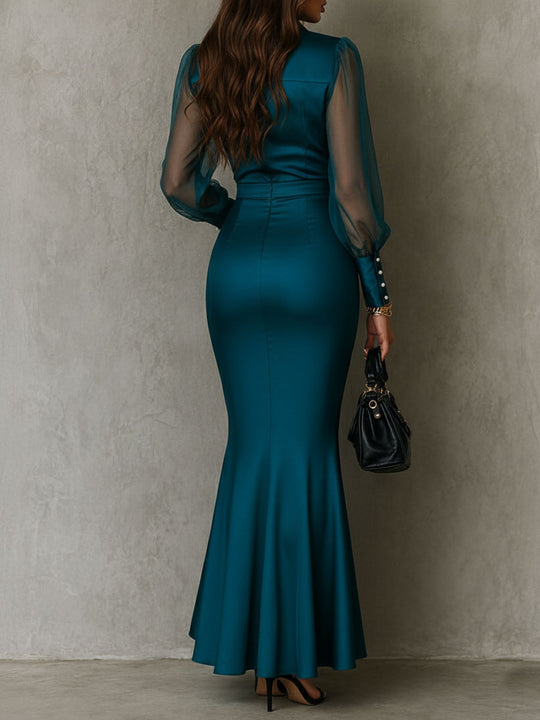 Retro Elegant  Sheer Puff Sleeves Teal Satin Ruched Mermaid Maxi Dress