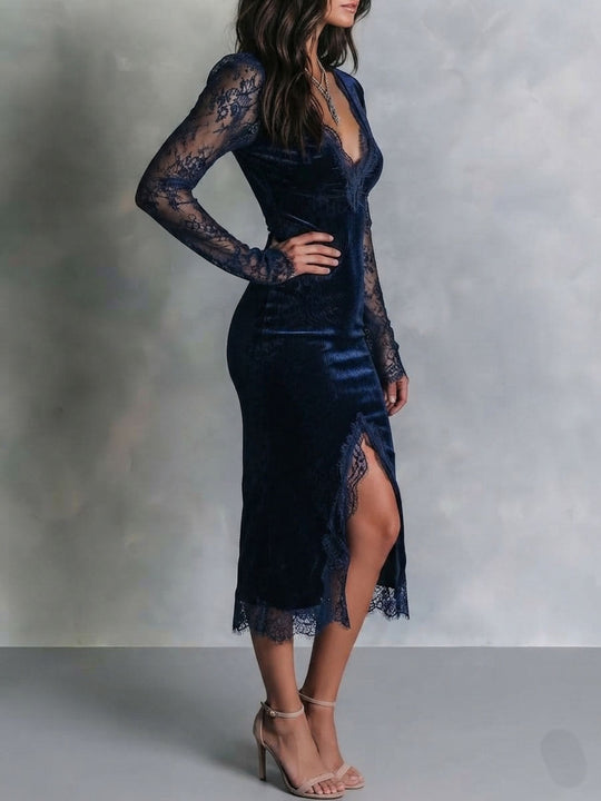 Elegant Navy Velvet Lace Trim Split Midi Dress