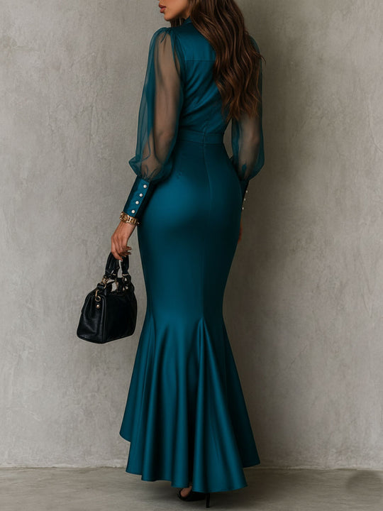 Retro Elegant  Sheer Puff Sleeves Teal Satin Ruched Mermaid Maxi Dress