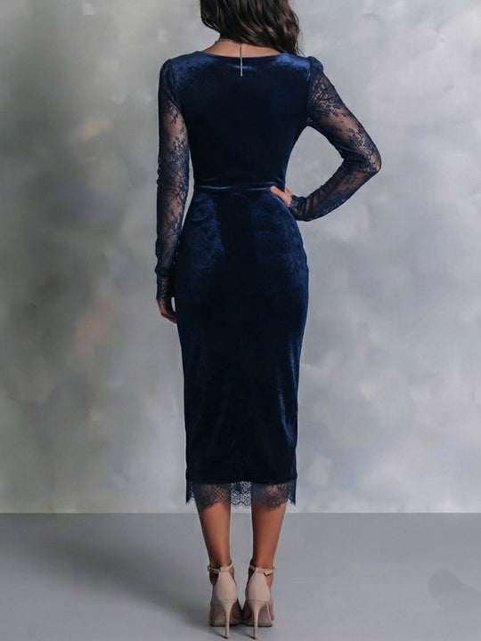 Elegant Navy Velvet Lace Trim Split Midi Dress