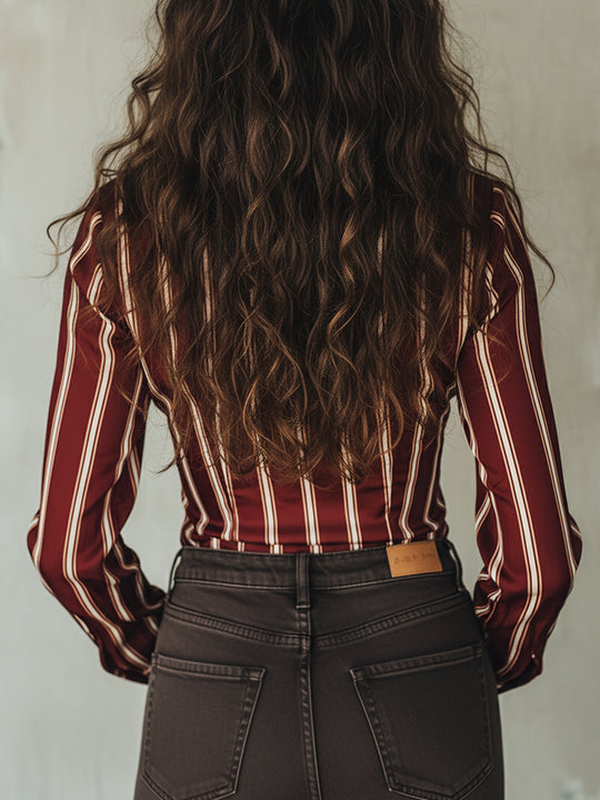 Elegant Striped Slim-fit Blouse With A Matching Scarf