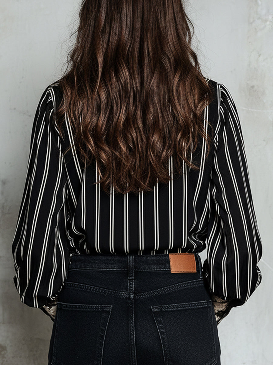 Retro Striped Oil Painting Floral Satin Blouse