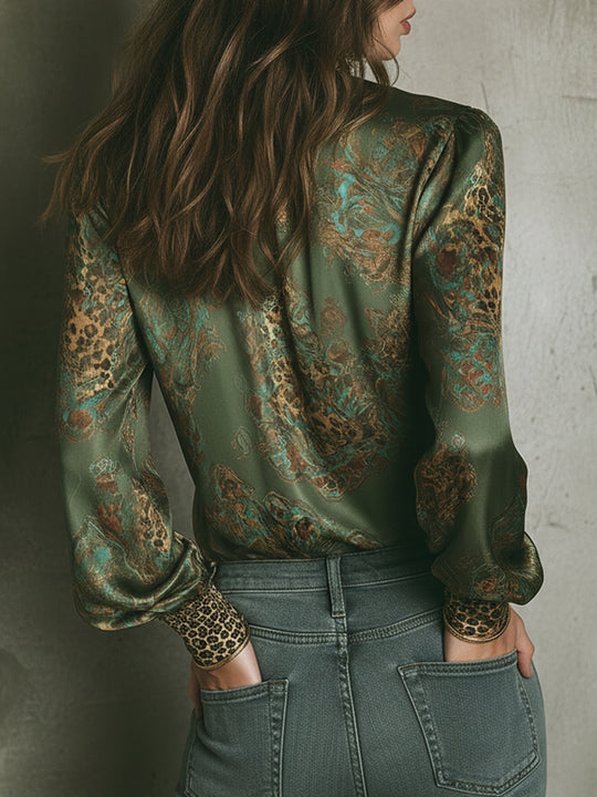 Elegant Leopard Print Satin Blouse With Keyhole Neckline