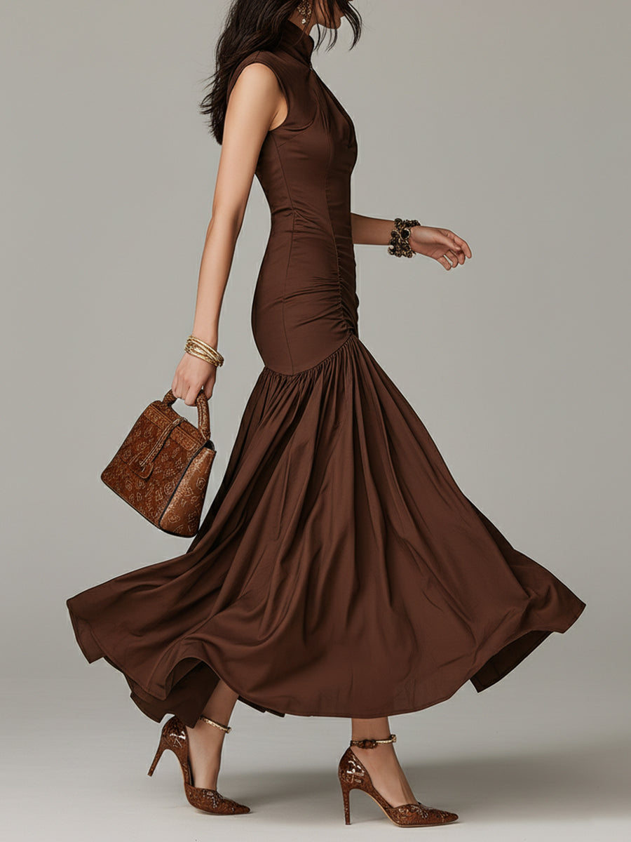 Vintage Stand-collar Satin Pleated Fishtail Maxi Dress