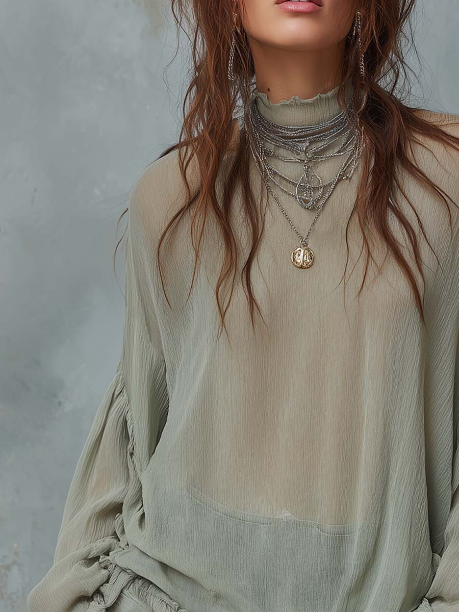 Vintage Ruffled Hem Sheer Blouse
