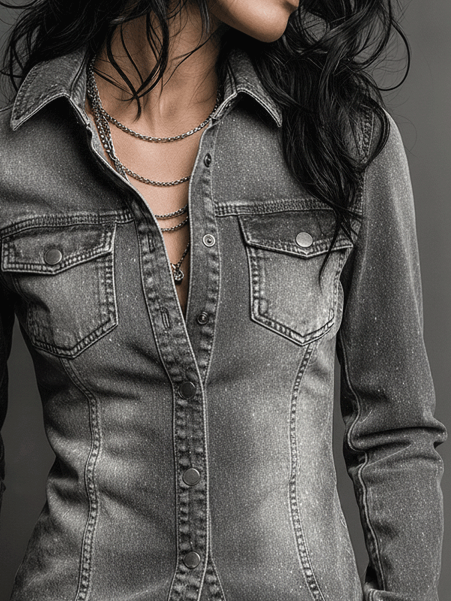 Vintage Washed Gray Fitted Denim Jacket