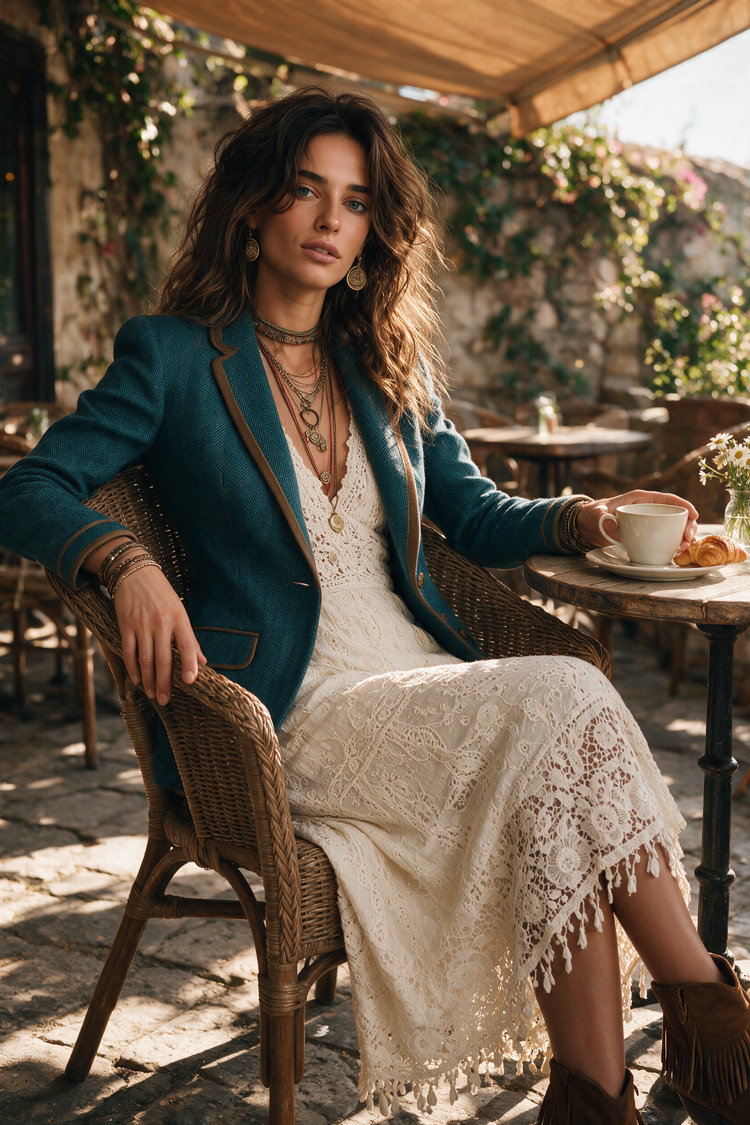 Retro Herringbone Tweed Fitted Blazer with Contrast Trim
