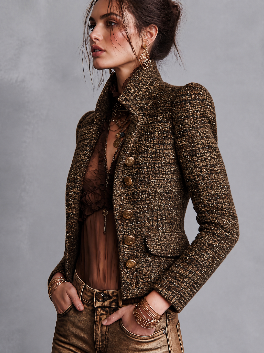 vintage Tweed Metallic Thread Double-Breasted Blazer with Gold Buttons