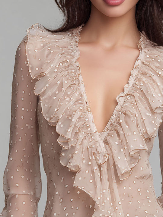 Blush Nude Asymmetric Ruffled Polka-Dot Sheer Blouse
