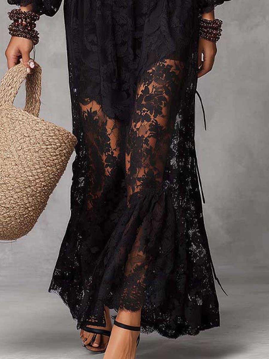 Black Smocked Off-Shoulder Lace Maxi Dress
