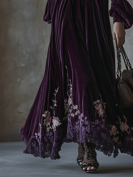 Vintage Floral Embroidered Velvet Maxi Dress