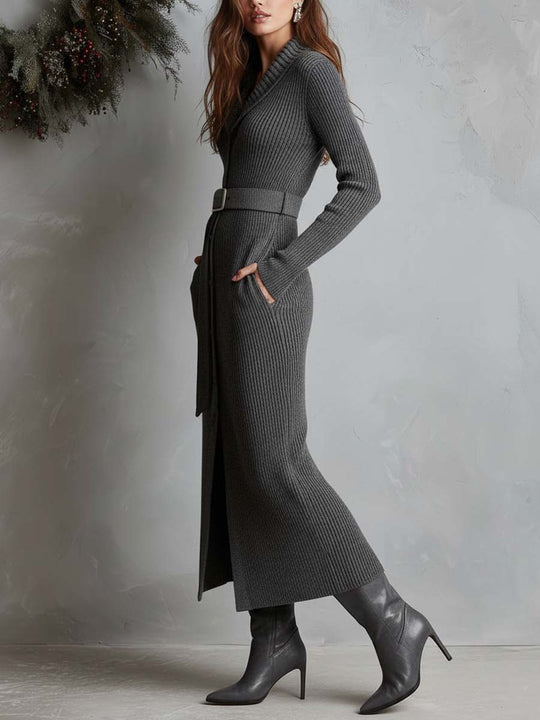 Ribbed Knit Belted Maxi Cardigan Dress With Shawl Collar