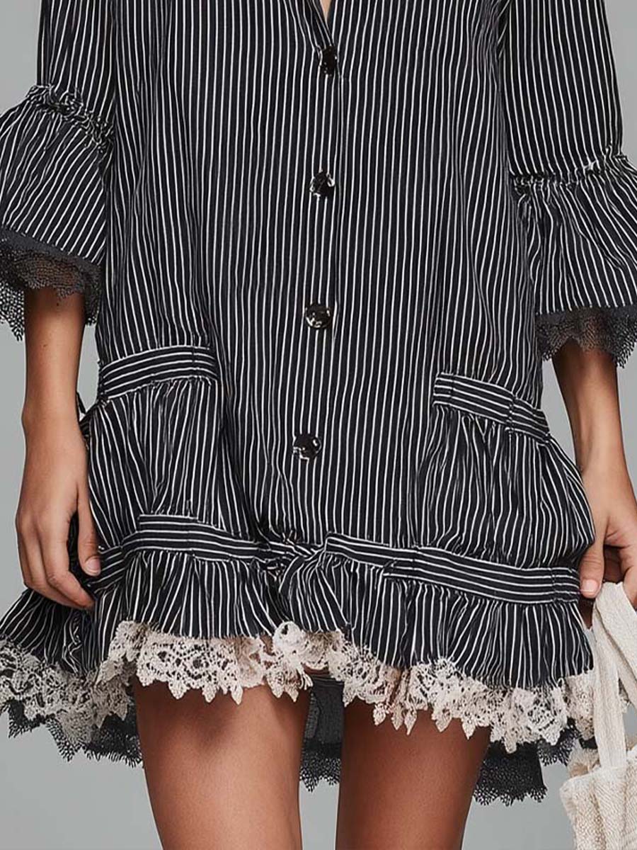 Boho Vintage Pinstripe Lace-Trim Shirt Dress