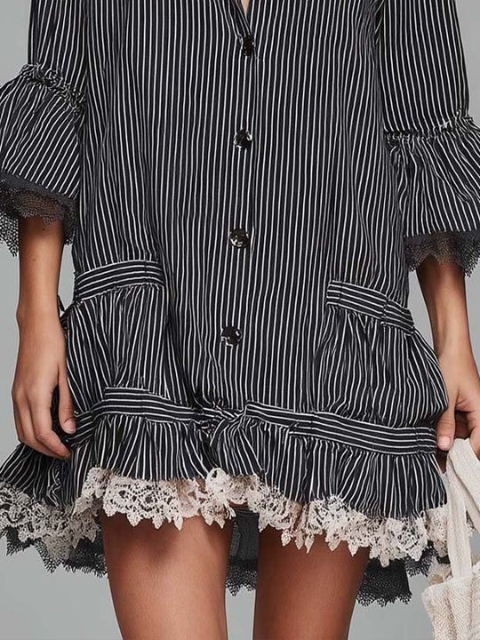 Boho Vintage Pinstripe Lace-Trim Shirt Dress