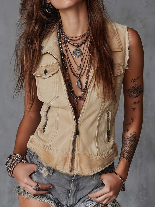 Retro Bohemian Denim Zip Vest