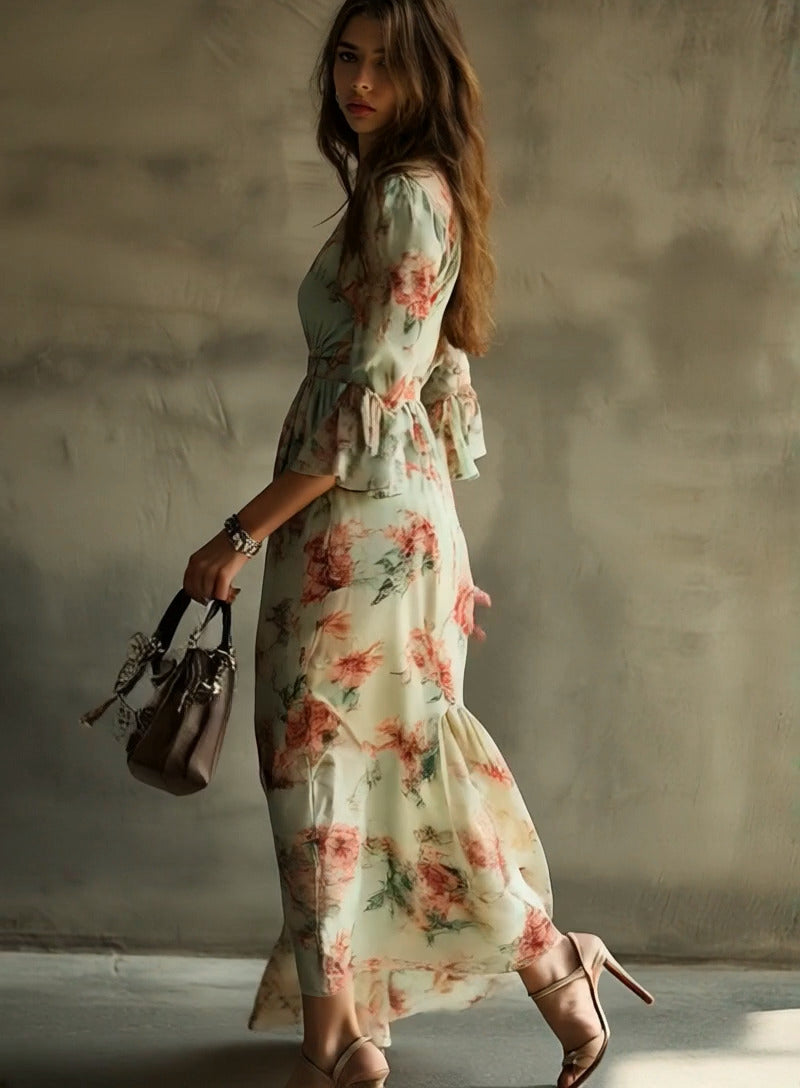 Bohemian Casual Holiday V-neck Floral Maxi Dress