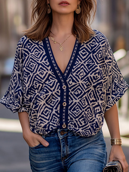 Casual Geometric Print Bat Sleeves Chiffon Shirt