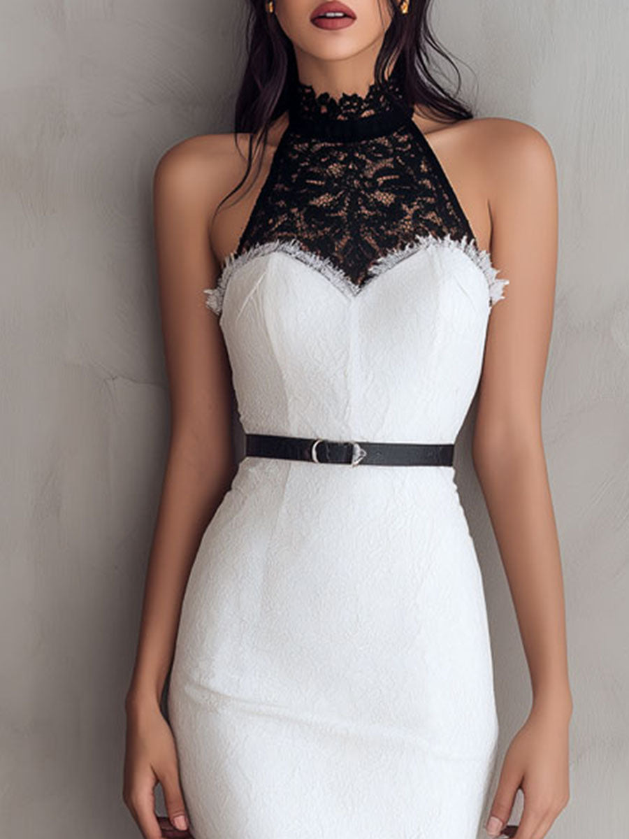 Elegant Black & White Lace Halter Midi Dress