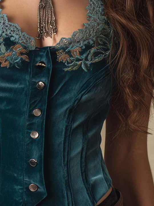 Teal Velvet Embroidered Corset Vest With Lace Trim