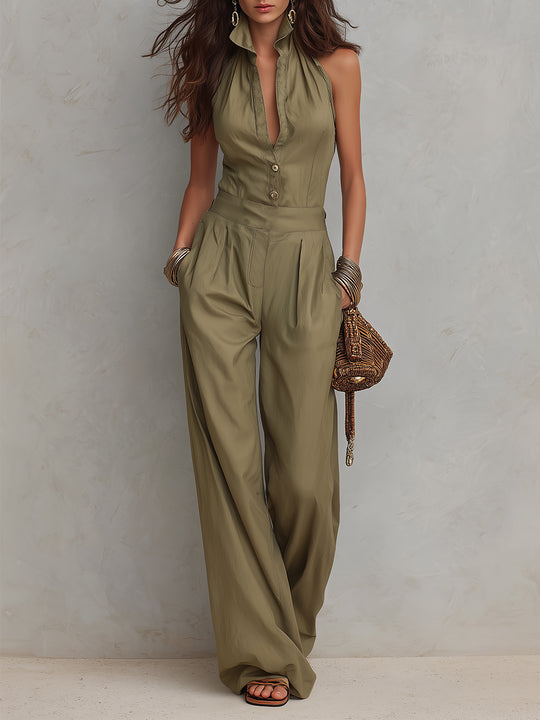 Chic Stand-up Collar Buttoned Straight Jumpsuit