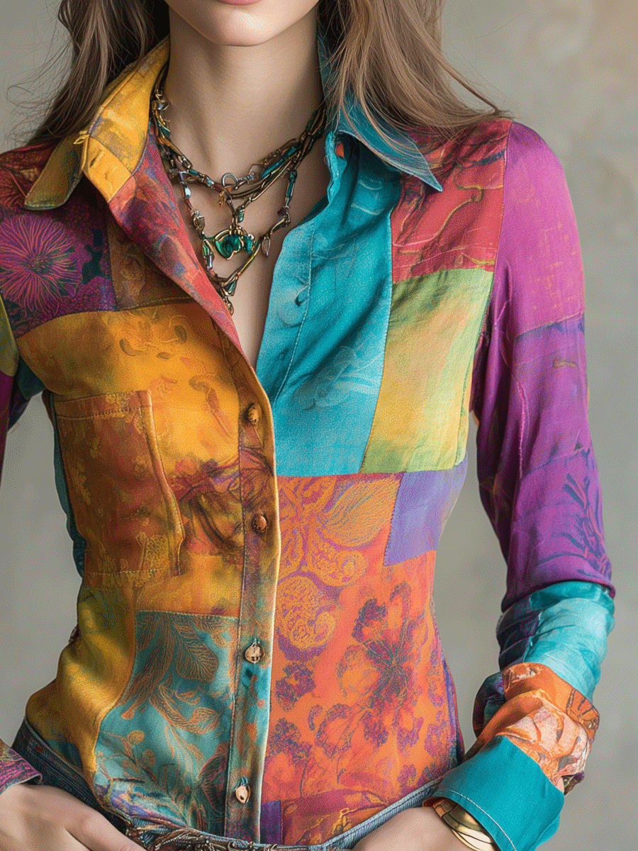 Retro Bohemian Multicolor Patchwork Button-Up Blouse