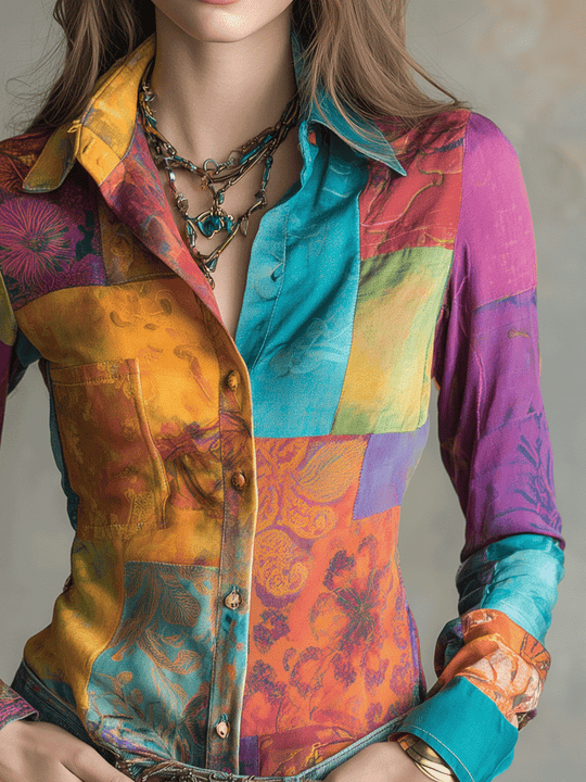 Retro Bohemian Multicolor Patchwork Button-Up Blouse