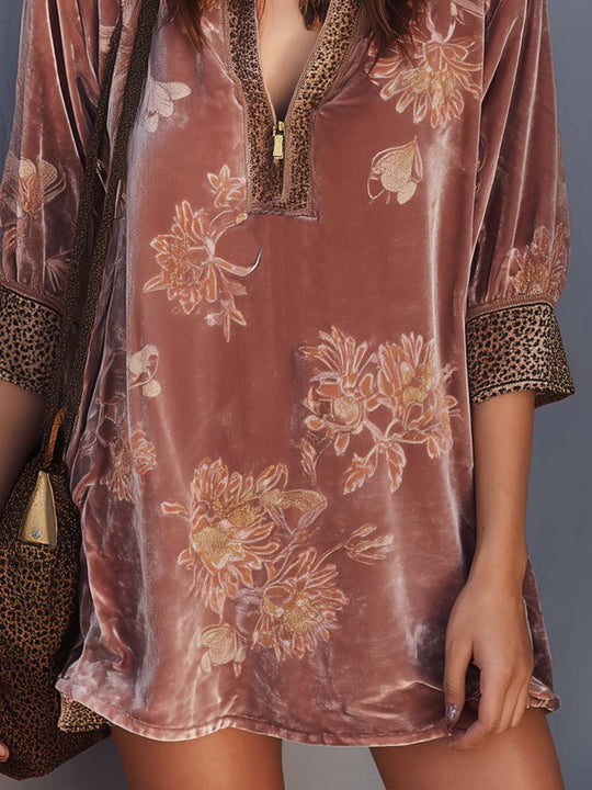 Retro Zip-up Collar Leopard Print Floral Polyester Velvet Mini Dress