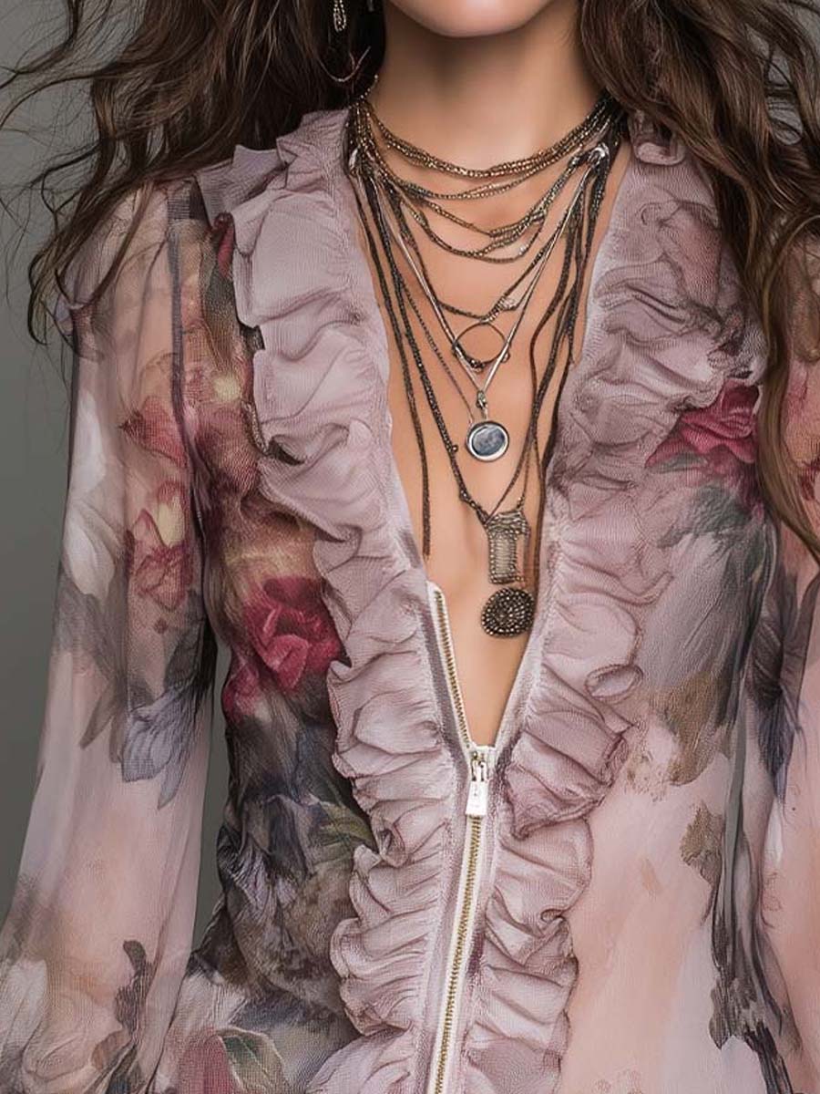 Retro Dusty Rose Floral Ruffle Sheer Blouse