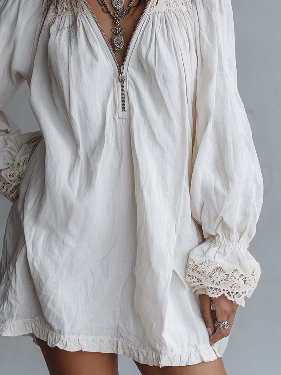 Vintage-style Zip-up Collar Lace-trimmed White Mini Dress