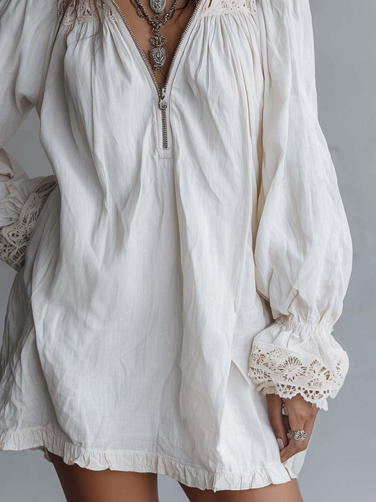 Vintage-style Zip-up Collar Lace-trimmed White Mini Dress