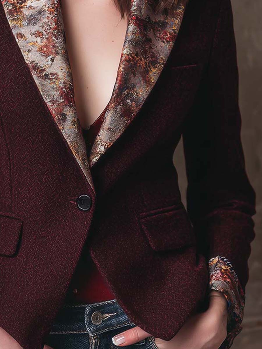 Chenille Herringbone Tailored Blazer With Printed Contrast Lapels And Cuffs