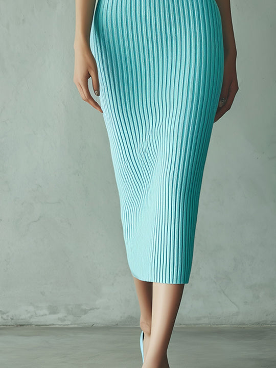 Retro Elegant Aqua Ribbed Knit Midi Dress With Halter Collar
