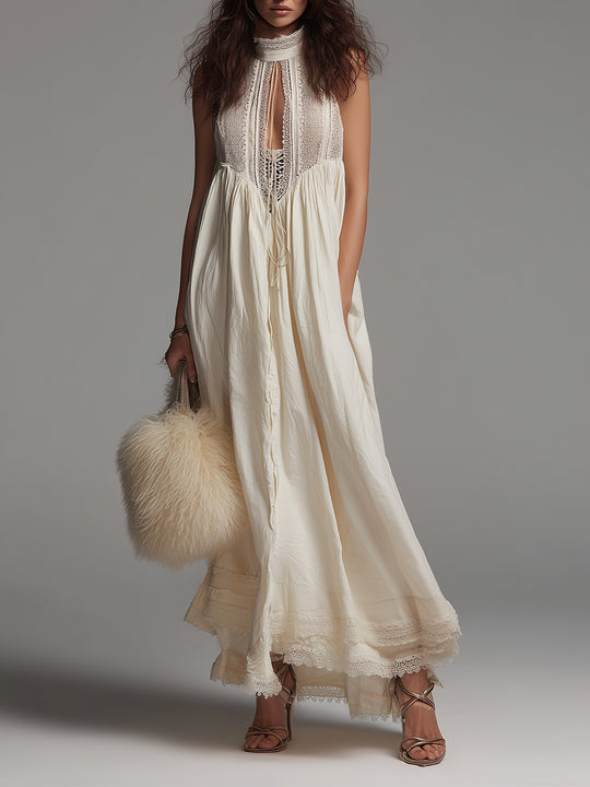 Bohemian Cotton Maxi Dress With Keyhole Neckline And Lace Trim