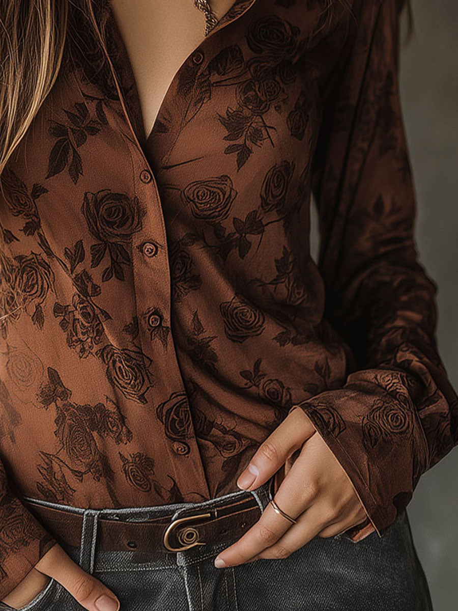Vintage Rose Pattern Brown Button-Down Shirt